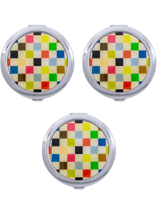 Stephanie Imports Set Of 3 Double Sided Magnifying Round Compact Mirrors With Printed Insert (Colorful Checkered Pattern) - Image 1