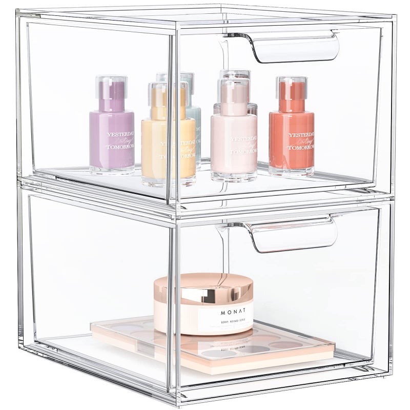 SpaceHacks 2 Pack Stackable Makeup Organizer and Storage Acrylic OrganizersClear Plastic Storage Drawer with Handles for Vanity Undersink Kitchen Cabinets Pantry