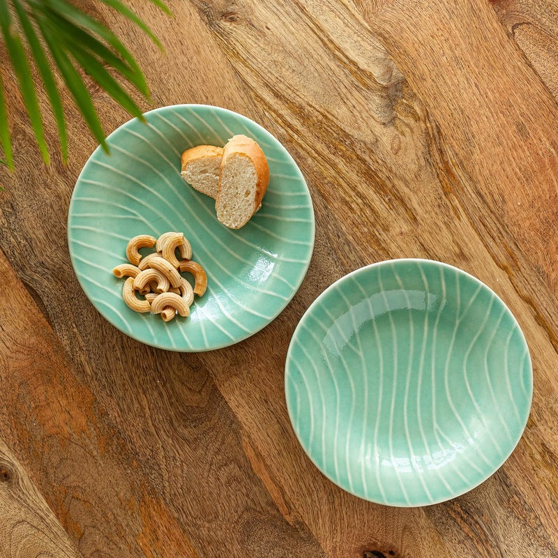ExclusiveLane ExclusiveLane 'Caribbean Green' Ceramic Pasta Bowls/Plates (Set of 2, Microwave & Dishwasher Safe) | Hand-Etched Bowl for Serving Bowl/Plates for Kitchen Snacks Serving Bowl Ceramic Serveware - Image 1