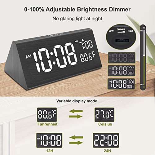 DreamSky Wooden Digital Alarm Clock for Bedroom - 7.7" Electric Clocks with USB Port, Large Numbers, Temperature, 0-100% Brightness Dimmer, Adjustable Alarm Volume, Snooze, 12/24H - Image 5