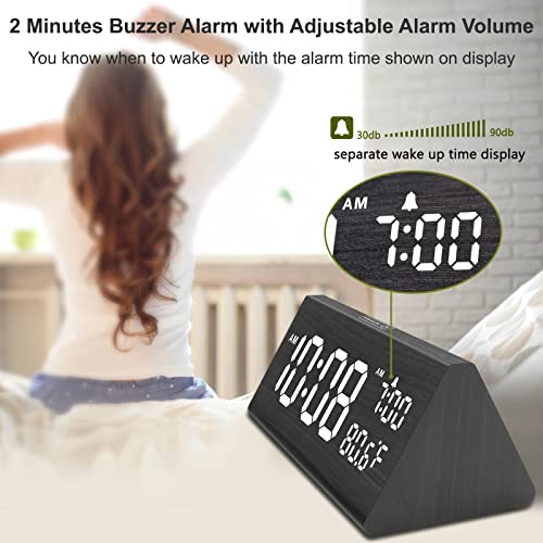 DreamSky Wooden Digital Alarm Clock for Bedroom - 7.7" Electric Clocks with USB Port, Large Numbers, Temperature, 0-100% Brightness Dimmer, Adjustable Alarm Volume, Snooze, 12/24H - Image 3
