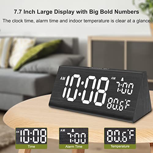 DreamSky Wooden Digital Alarm Clock for Bedroom - 7.7" Electric Clocks with USB Port, Large Numbers, Temperature, 0-100% Brightness Dimmer, Adjustable Alarm Volume, Snooze, 12/24H - Image 2