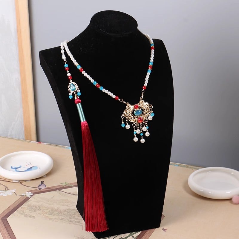 Generic Elegant Chinese Style Long Pearl Tassel Hanfu Dress Necklace for Kids Gold lock long wreaths [necklace back cloud set]]