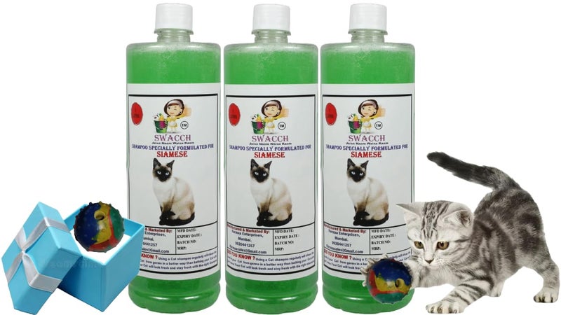 swacch Siamese Cat Shampoo + Rubber Musical Ball I Chew Playing Rubber Ball I Interactive Cat Toy Balls I Training & Play I Combo Pack I 1 Litre Pack of 3 Neem Alovera - Image 1