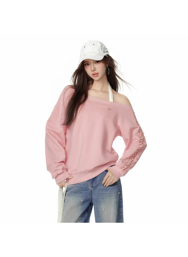 EPTISON Women'S Asymmetrical Off-Shoulder Sweatshirt, Loose Short Lace Hollow-Out Splicing Design, Perfect Choice For Autumn - Image 2