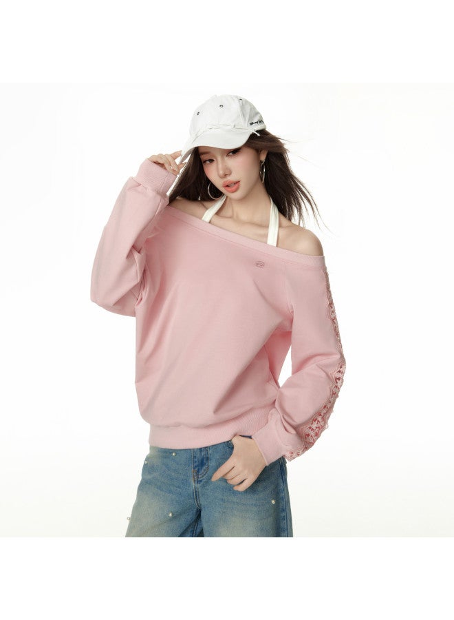 EPTISON Women'S Asymmetrical Off-Shoulder Sweatshirt, Loose Short Lace Hollow-Out Splicing Design, Perfect Choice For Autumn - Image 3