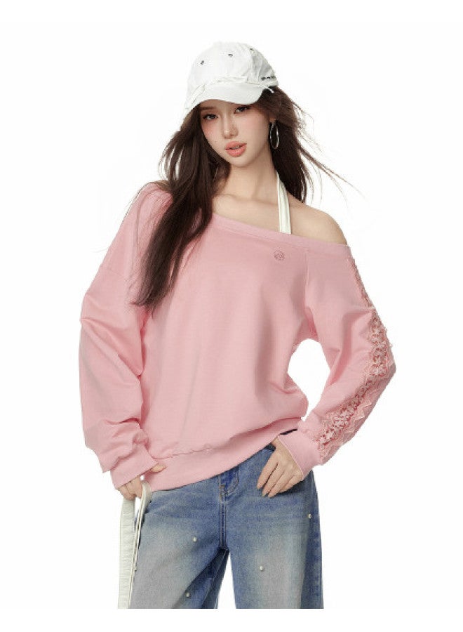 EPTISON Women'S Asymmetrical Off-Shoulder Sweatshirt, Loose Short Lace Hollow-Out Splicing Design, Perfect Choice For Autumn - Image 1