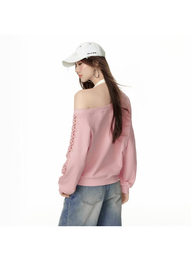 EPTISON Women'S Asymmetrical Off-Shoulder Sweatshirt, Loose Short Lace Hollow-Out Splicing Design, Perfect Choice For Autumn - Image 5