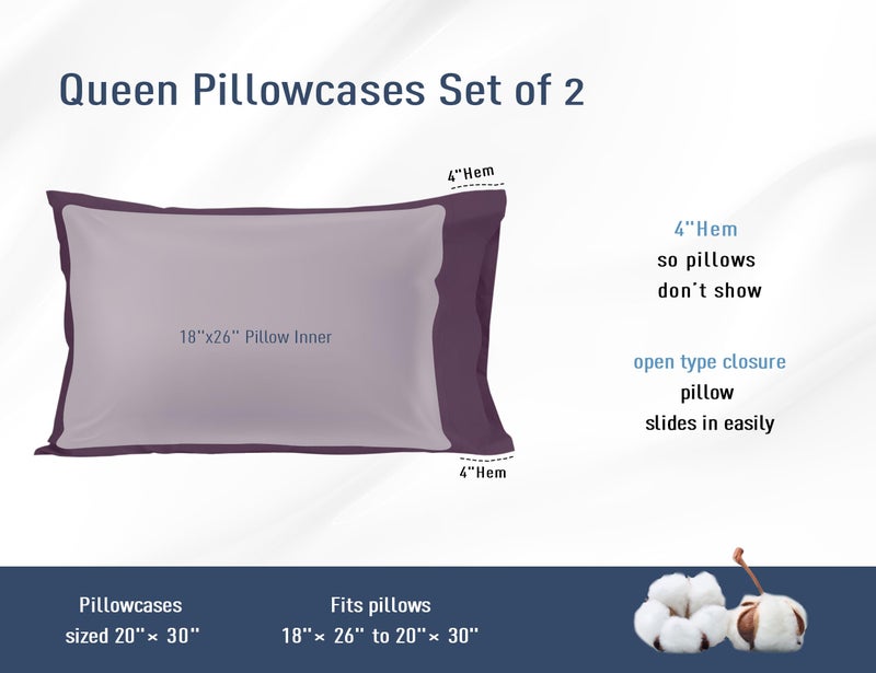 HOMTEC Cotton Pillow Cases Standard Size  20 by 30 inches Queen Pillowcases  Dark Purple Pillow Cases Set of 2  Pillow Cases Queen Cotton Percale Weave Pre-Shrunk Breathable and Hypoallergenic - Image 3