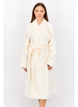 Women Belted Embossed Bath Robe, Light Beige