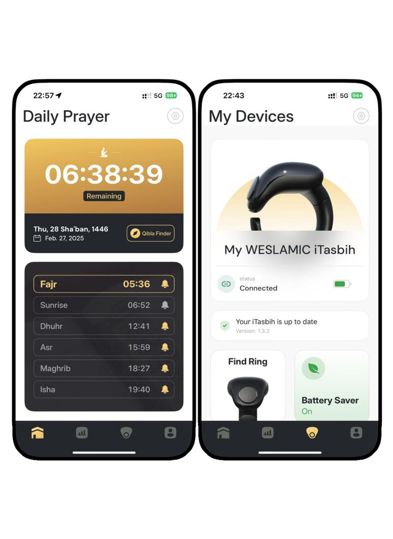 WESLAMIC Salam Smart Tasbih Ring, Reminder and Prayer Times Alerts, Long-Lasting Battery, Water and Dust Resistant - Sizes (22mm + 20mm)  - Image 3