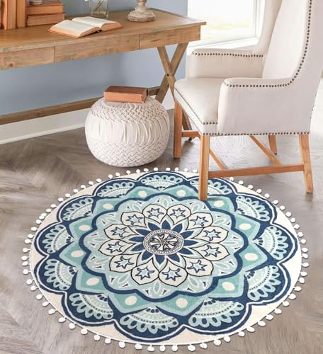 Uphome Round Rug 3ft Blue Mandala Boho Rug with Pom Pom Fringe Non-Slip Washable Circle Bath Mat Soft Cute Blooming Medallion Throw Rug for Entryway Bedroom Powder Living Room Nursery - Image 5