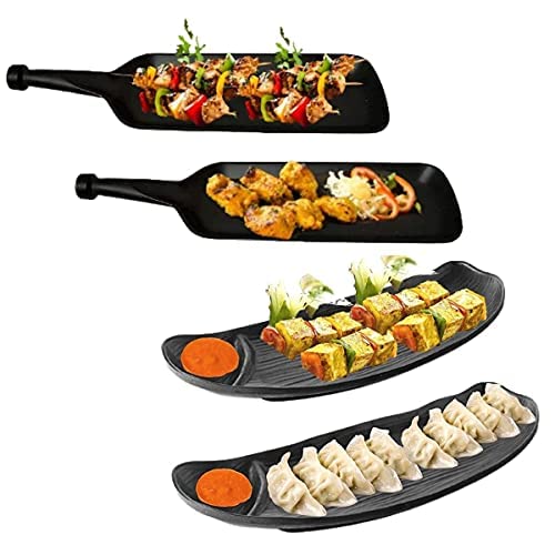 DECOR VIBES Melamine Rectangle French Fries, Momos Serving Platter, Bat Platter Unbreakable Serving Dessert and Snacks Platter/Tray (Matt Black, Combo Pack of 4) - Image 1