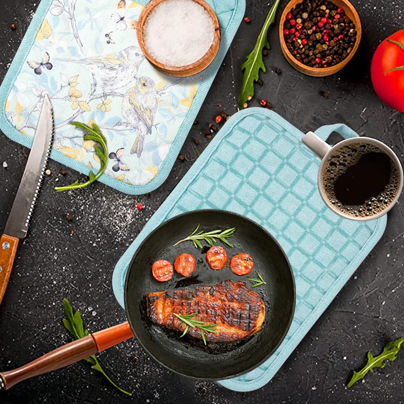 RED LMLDETA Pot Holders Set of 3 Silicone Printing Non Slip Heat Resistant, Yarm-Dyed Hot Pads Cotton Home Kitchen Cooking Barbecue Microwave Women Men Machine Washable BBQ Grilling. (Light Blue Potholders) - Image 4