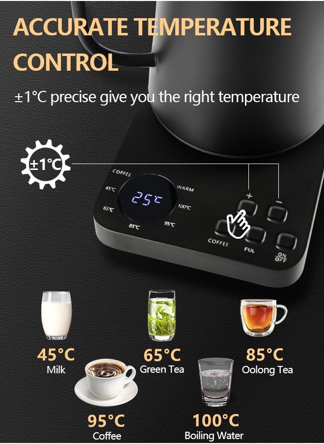 Necomi Gooseneck Kettle Pour Over Kettle Electric Coffee Kettle, Touch control Temperature Adjustment with LED Digital Display Automatic Insulation Stainless Steel 1200W Quick Heating 1L for Home and Office, Matte Black  - Image 2