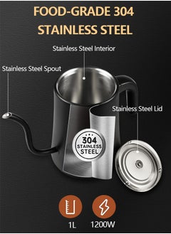 Necomi Gooseneck Kettle Pour Over Kettle Electric Coffee Kettle, Touch control Temperature Adjustment with LED Digital Display Automatic Insulation Stainless Steel 1200W Quick Heating 1L for Home and Office, Matte Black  - Image 4