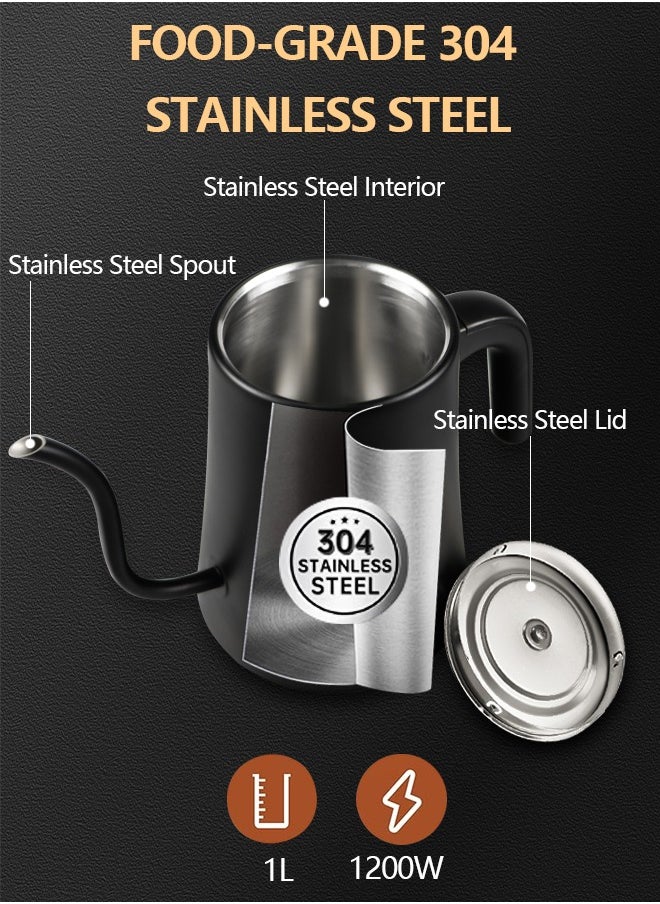 Necomi Gooseneck Kettle Pour Over Kettle Electric Coffee Kettle, Touch control Temperature Adjustment with LED Digital Display Automatic Insulation Stainless Steel 1200W Quick Heating 1L for Home and Office, Matte Black  - Image 4