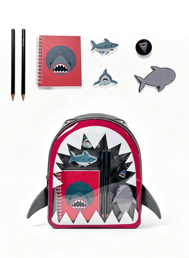 SOOO GOOD Shark Backpack for Boys with Stationery Set, Blue School Bag with Transparent Window, Includes Notebook, Pencils & Stickers, Multi-Functional Kids Backpack for School and Outdoor Picnic - Image 1