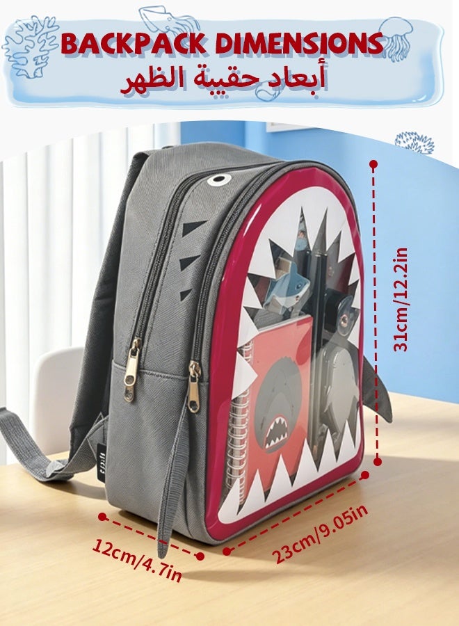 SOOO GOOD Shark Backpack for Boys with Stationery Set, Blue School Bag with Transparent Window, Includes Notebook, Pencils & Stickers, Multi-Functional Kids Backpack for School and Outdoor Picnic - Image 5