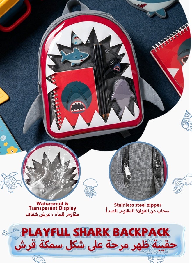 SOOO GOOD Shark Backpack for Boys with Stationery Set, Blue School Bag with Transparent Window, Includes Notebook, Pencils & Stickers, Multi-Functional Kids Backpack for School and Outdoor Picnic - Image 3