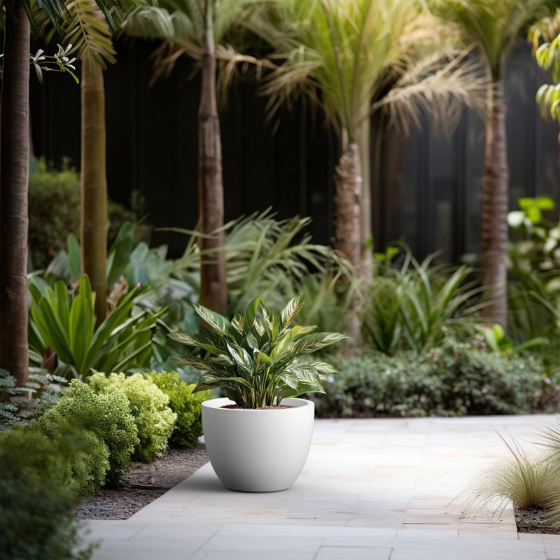 Kante 14.2 Inch Round Concrete Planter - Classic Large Indoor/Outdoor Plant Pot with Drainage Hole and Rubber Plug, Suitable for Gardens and Patios, White - Image 5