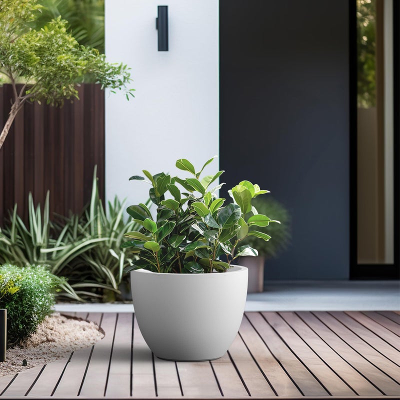 Kante 14.2 Inch Round Concrete Planter - Classic Large Indoor/Outdoor Plant Pot with Drainage Hole and Rubber Plug, Suitable for Gardens and Patios, White - Image 4