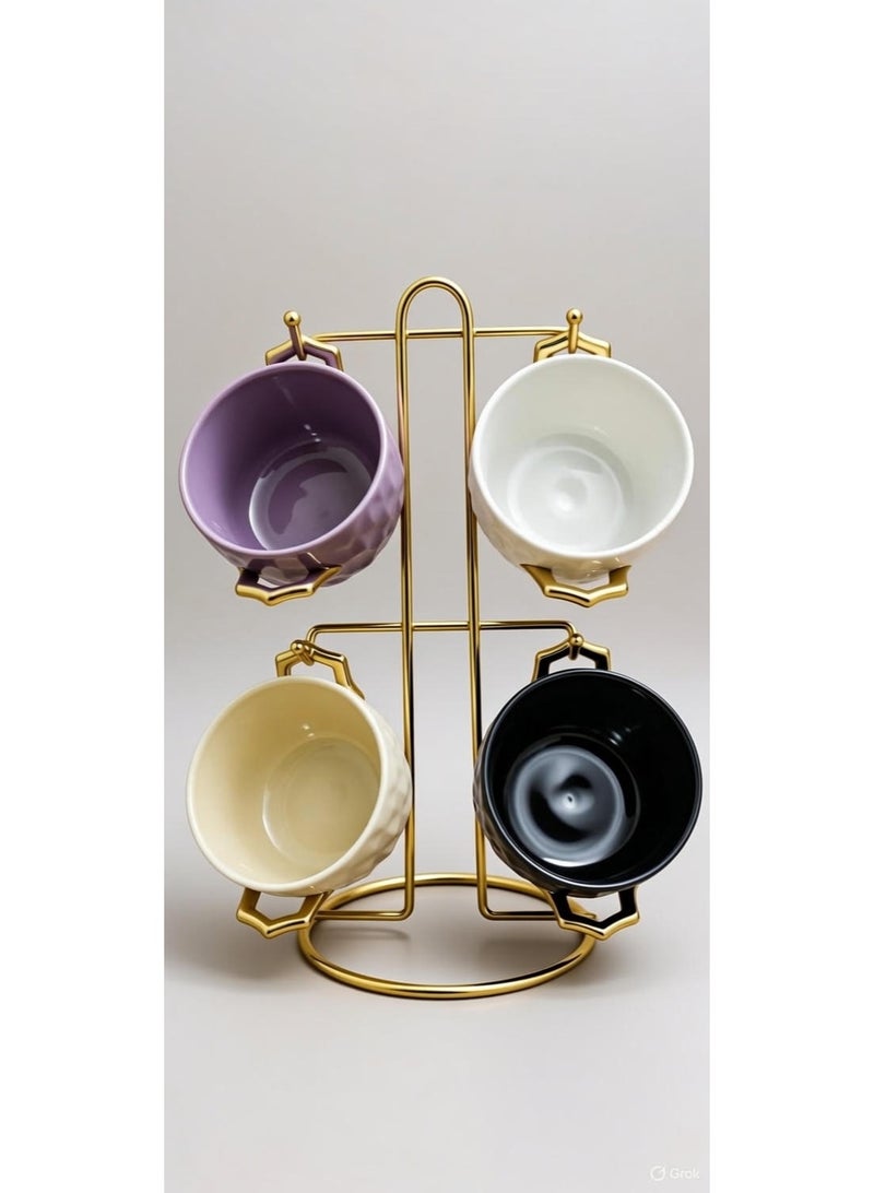 Porcelain Soup Bowls Set – 4 Pieces with Gold Metal Stand