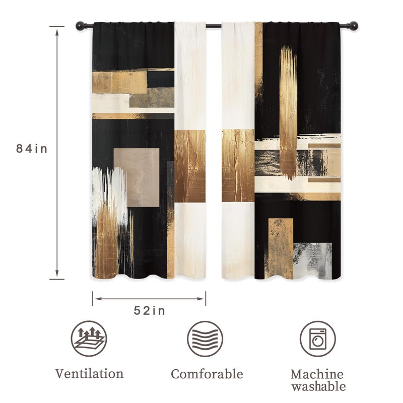 Riyidecor Black Gold Abstract Curtains Boho Modern Aesthetic Oil Painting Artistic Contemporary Golden Beige Rod Pocket Simple Neutral Bedroom Living Room Treatment Fabric 2 Panels 52Wx84H Inch - Image 2