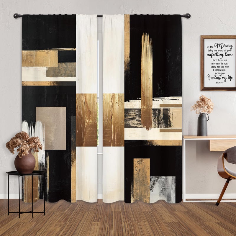 Riyidecor Black Gold Abstract Curtains Boho Modern Aesthetic Oil Painting Artistic Contemporary Golden Beige Rod Pocket Simple Neutral Bedroom Living Room Treatment Fabric 2 Panels 52Wx84H Inch - Image 4