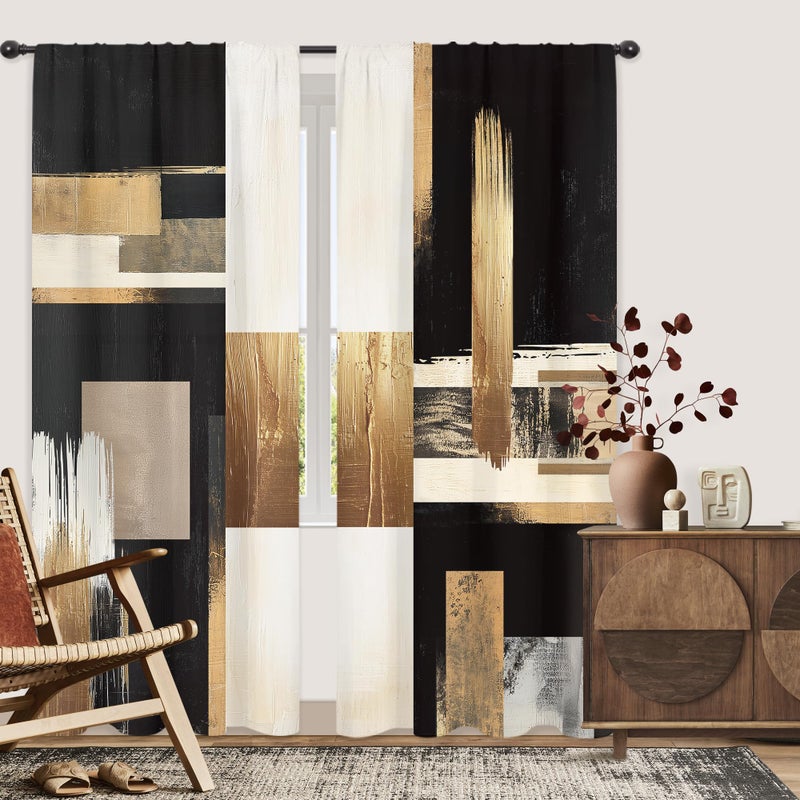 Riyidecor Black Gold Abstract Curtains Boho Modern Aesthetic Oil Painting Artistic Contemporary Golden Beige Rod Pocket Simple Neutral Bedroom Living Room Treatment Fabric 2 Panels 52Wx84H Inch - Image 3