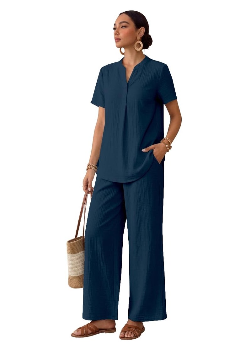 TOPLOT Women's Co-ord Set | Stylish Matching Top & Bottom Set | Notch Neckline with Button Detail | Loose-Fit, Short-Sleeve Top with a Relaxed Silhouette |Ideal for Casual (Pop-Coord-5250-Teal-L) - Image 5