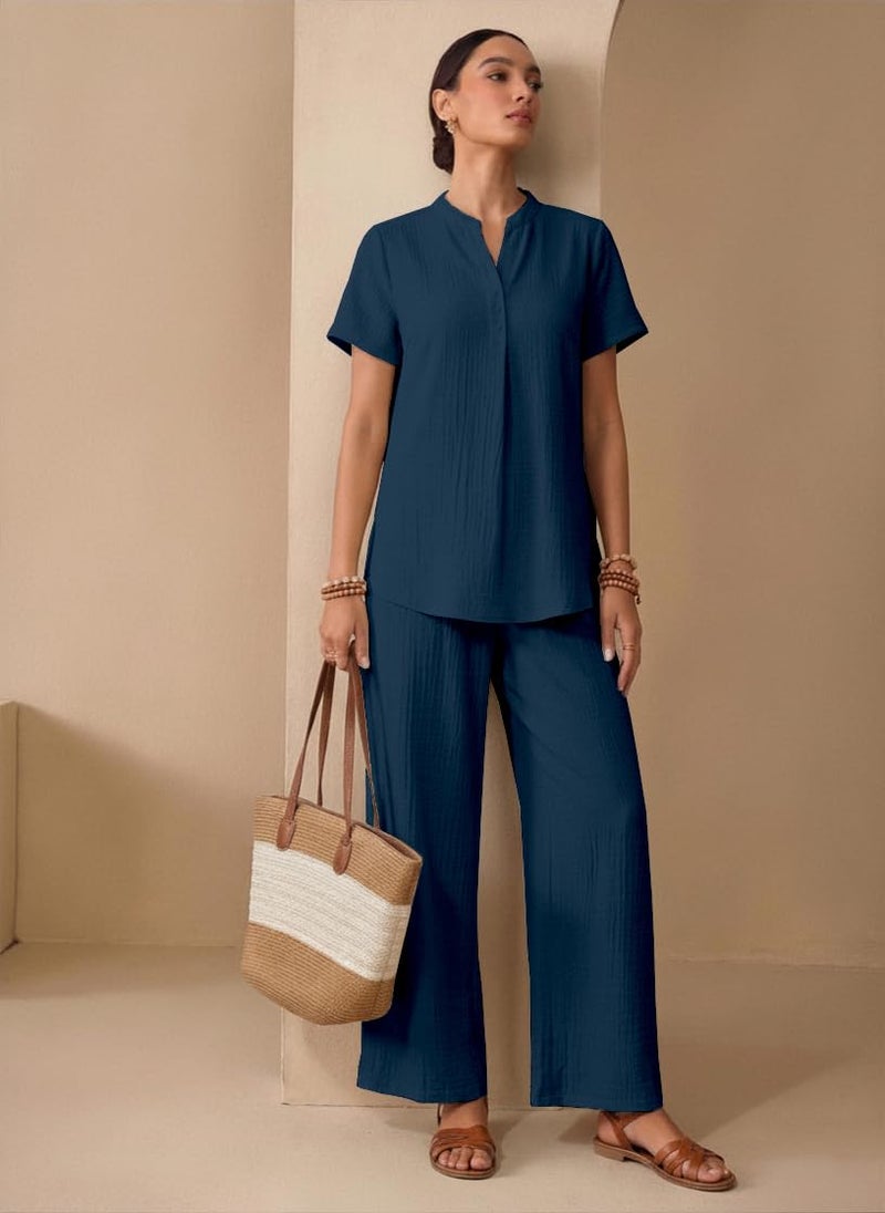 TOPLOT Women's Co-ord Set | Stylish Matching Top & Bottom Set | Notch Neckline with Button Detail | Loose-Fit, Short-Sleeve Top with a Relaxed Silhouette |Ideal for Casual (Pop-Coord-5250-Teal-L) - Image 3