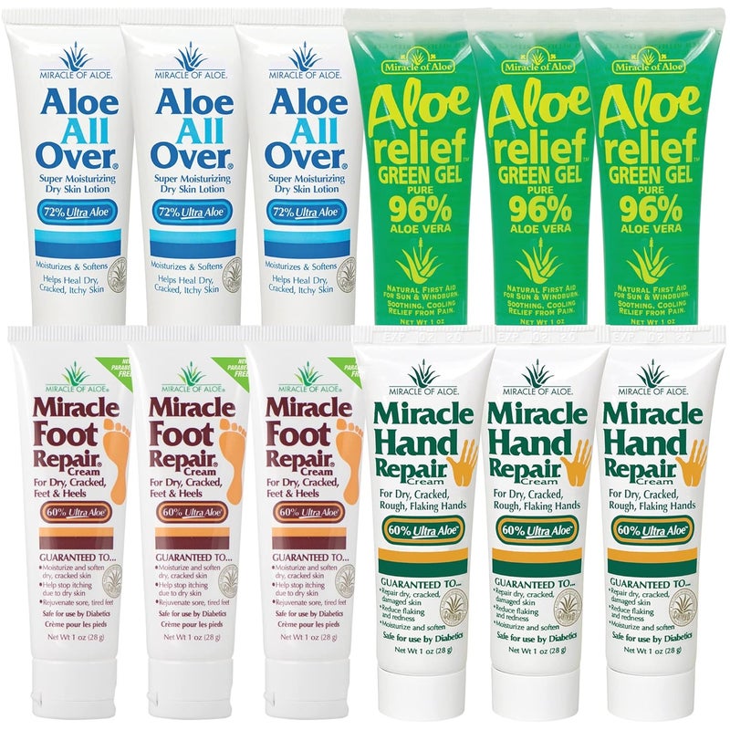 Miracle of Aloe Miracle of Aloe Problem Solver Assortment | 12 pcs/1 ounce tubes | Miracle Foot Repair, Miracle Hand Repair, Aloe Green Relief Gel, Aloe All Over 