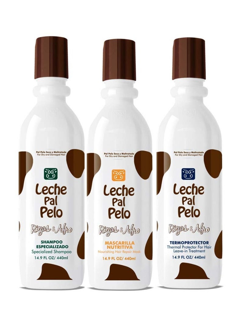 Leche Pal Pelo Leche Pal Pelo Rizos/Afro Specialized Shampoo Nourishing Hair Repair Mask Thermalprotectant Champu Especializado Mascarilla Nutritiva Termoprotector 14.9oz-440ml x3 (Set/Kit 14.9oz-440ml x3) - Image 1