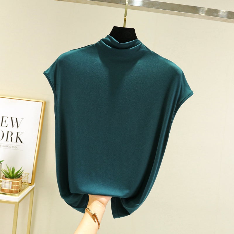 Modal Sleeveless T-shirt Spring and Autumn Interior Western Style Slimming Semi-high Collar Base Shirt Thin All-match Solid Color Top - Image 1