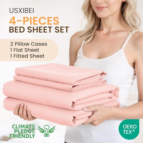 USXIBEI Queen Size 4 Piece Bed Sheet Set - Ultra Imitation Cotton-Premium Breathable & Cooling Sheets - Hotel Luxury Bed Sheets Deep Pocket up to 15"- Wrinkle, Fade, Stain Resistant (Baby Pink, Queen) - Image 2