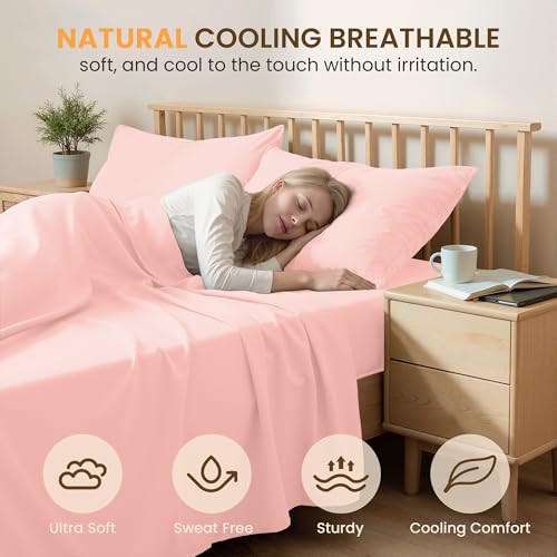 USXIBEI Queen Size 4 Piece Bed Sheet Set - Ultra Imitation Cotton-Premium Breathable & Cooling Sheets - Hotel Luxury Bed Sheets Deep Pocket up to 15"- Wrinkle, Fade, Stain Resistant (Baby Pink, Queen) - Image 3