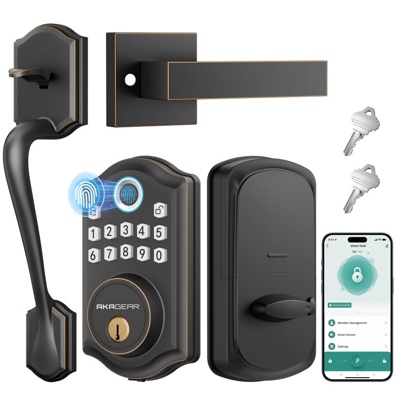 AkaGear DS10 Pro Keyless Entry Door Lock with Handle Set Smart Front Door Locks Set Electronic Keypad Fingerprint Deadbolt Bluetooth APP Control AutoLock One Touch Locking Oil Rubbed Bronze - Image 2