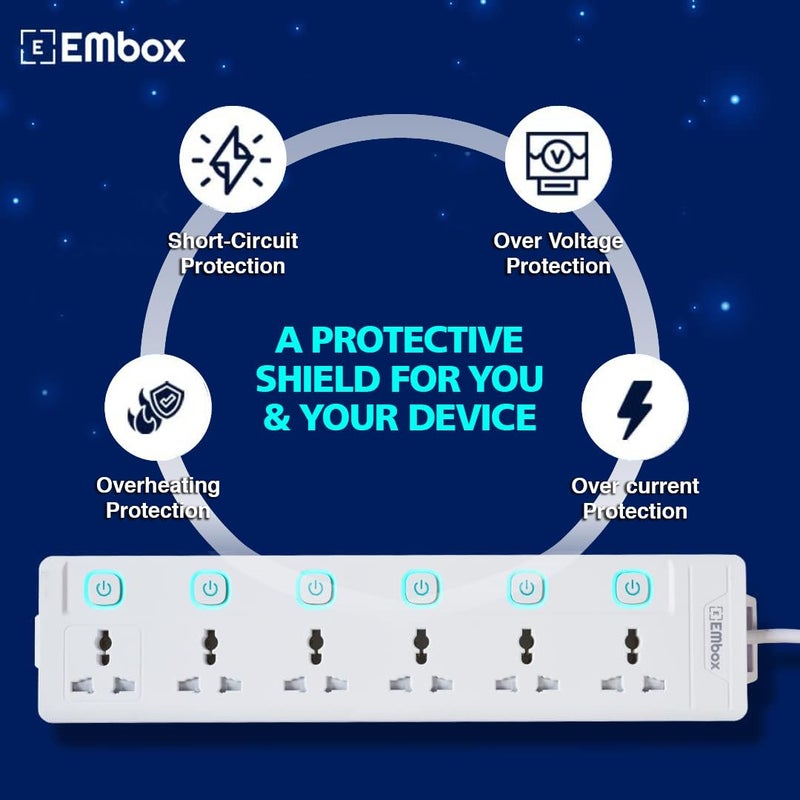 EMBOX لوحة تمديد 10A مع مفتاح فردي - مقبس متعدد مع 6 مقابس - شريط تمديد مع غطاء أمان ومؤشر - سلك تمديد بطول 5 أمتار - 1500 واط (6 مقابس - كابل بطول 5 أمتار) - Image 3