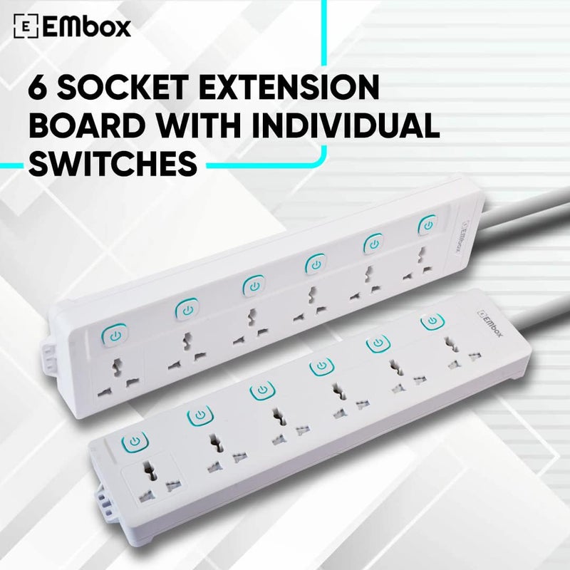 EMBOX لوحة تمديد 10A مع مفتاح فردي - مقبس متعدد مع 6 مقابس - شريط تمديد مع غطاء أمان ومؤشر - سلك تمديد بطول 5 أمتار - 1500 واط (6 مقابس - كابل بطول 5 أمتار) - Image 2