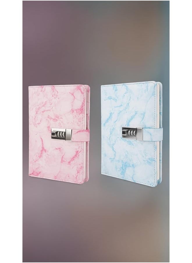 erorex - Marble Diary With Lock Refillable A5 Daily Journal 192 Pages Combination Lock Notebook For Girls Women Teens Blue Design - Image 1