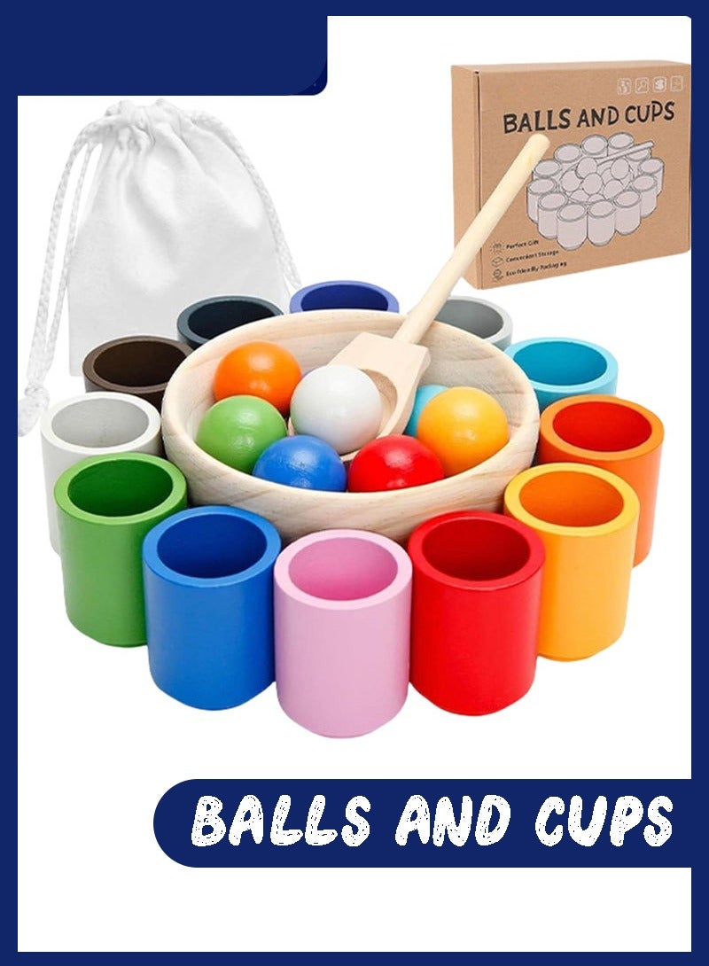 general 12 Balls Colour Sorting Toys for Toddlers, Balls in Cups Montessori Wooden Toy, Wooden Sorter Game, Wood Sensory Puzzle Toys Matching Game with Sorting Bowls for Kids Counting - Image 1