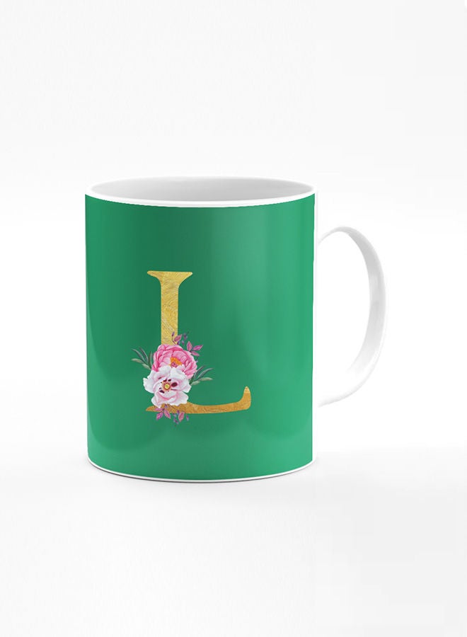 Stylizedd Designer Printed Coffee Mug 11oz Ceramic Personalised Gift Mugs Cup -Custom Monogram Initial Letter Floral Pattern Alphabet - L (Dark Spring Green)  - Image 1