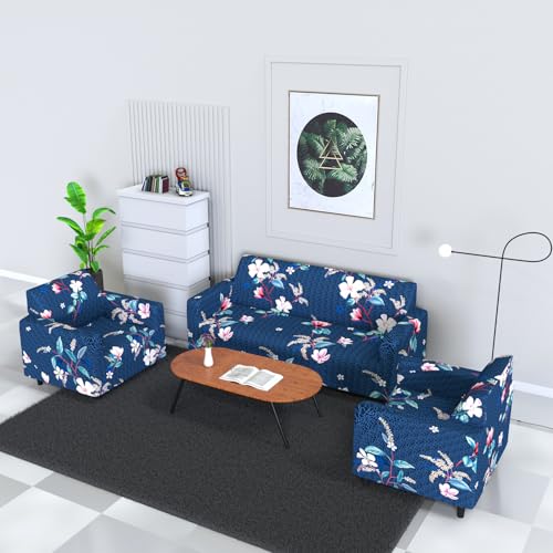 B BESTILO Sofa Cover 3 Seater and 2 Seater Fully Covered Universal 5 Seater Sofa Cover Non-Slip Sticky Elastic Stretchable Sofa Set Imported Slipcover Protector (Blue Lotus, Five Seater (3+1+1)) - Image 1