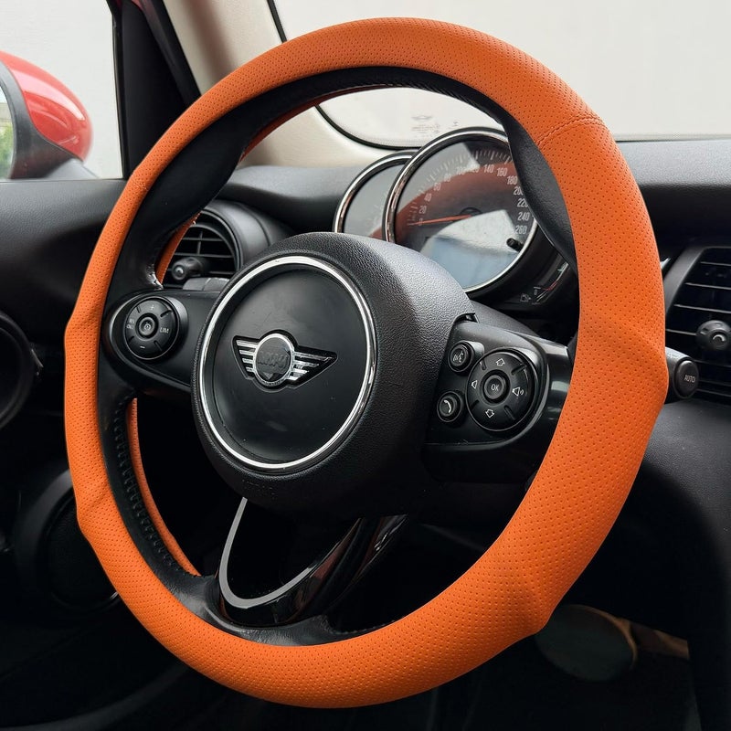 PINCTROT Large Size Nappa Leather Steering Wheel Cover with Ergonomic Palm Support Grip, Full Perforated Breathable, Slim Fit No Bulk Design,15.5-15.75 Inch(Hot Orange) - Image 1
