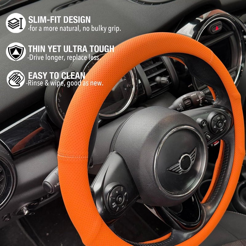PINCTROT Large Size Nappa Leather Steering Wheel Cover with Ergonomic Palm Support Grip, Full Perforated Breathable, Slim Fit No Bulk Design,15.5-15.75 Inch(Hot Orange) - Image 3