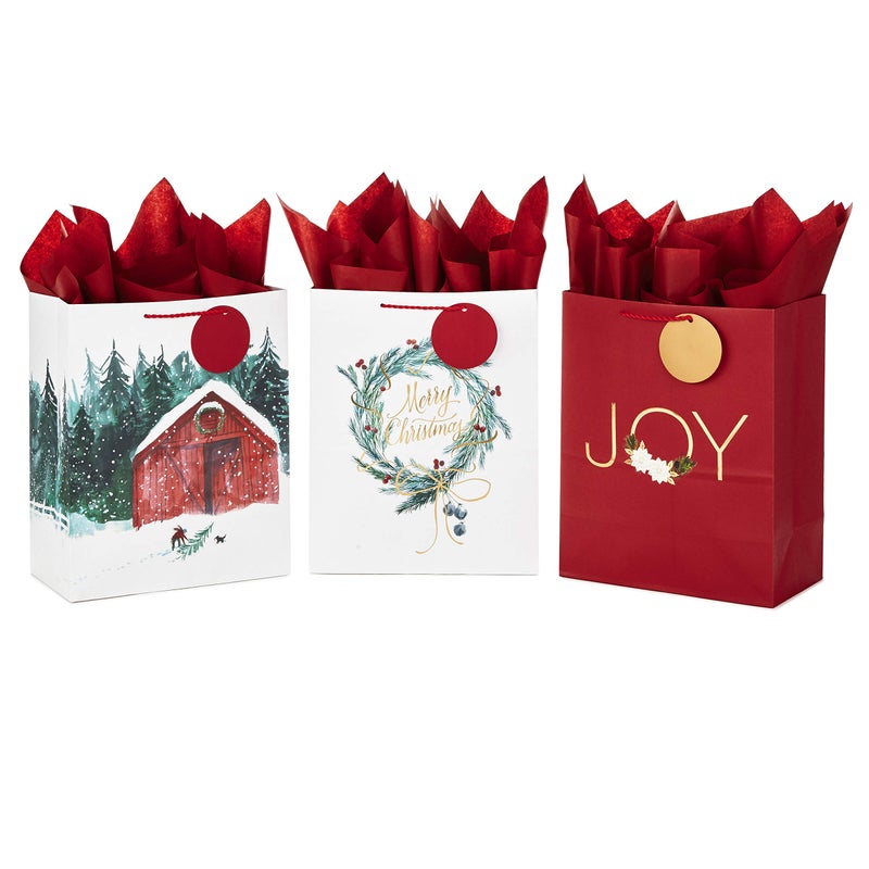 Hallmark 13 Large Christmas Gift Bag Assortment with Tissue Paper 3 Bags Merry Christmas Wreath Gold Joy Snowy Red Barn Red White Gold Foil