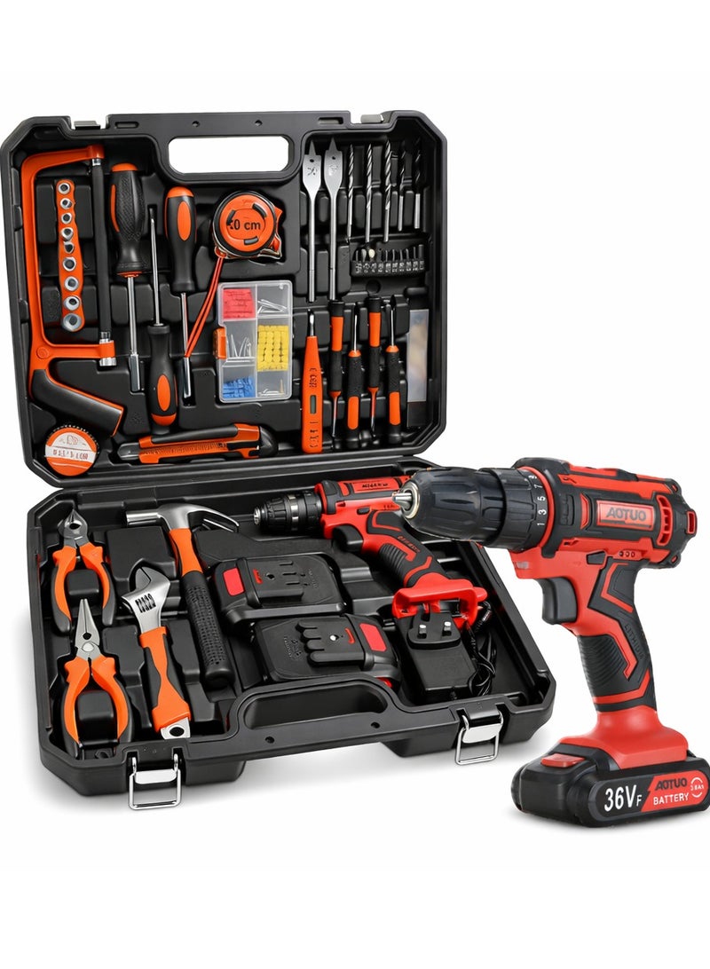 او تو او مجموعة أدوات AOTUO الفائقة، المكونة من 129 قطعة، تتضمن مثقابًا لاسلكيًا بجهد 36 فولت وبطاريتين. أداة أساسية لإصلاحات المنزل والمكتب والحديقة! - Image 1
