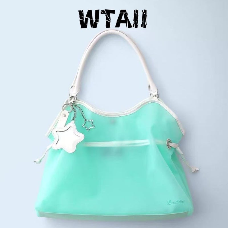 Korean Jelly Women's PVC Handbag with Star Mirror Charm, Summer Beach Bucket Bag - Image 3
