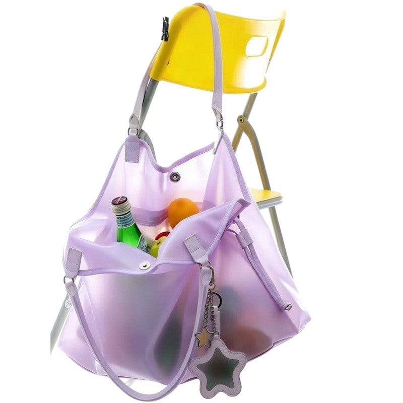 Korean Jelly Women's PVC Handbag with Star Mirror Charm, Summer Beach Bucket Bag - Image 4